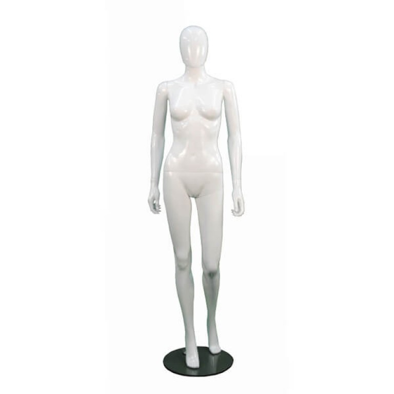 Stylish female white gloss plastic egg headed mannequin.