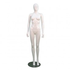 Stylish female white gloss plastic egg headed mannequin.